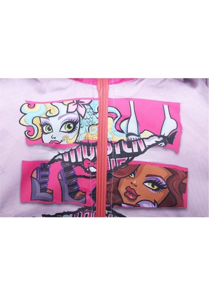 Kız Çocuk Pembe Monster Baskılı Cepli Fermuarlı Şişme Mont - 1011647