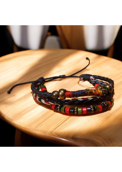 Ebruli Ip Sargılı Detaylı Ayarlanabilir Bileklik – Kırmızı Ahşap Boncuklar ile Doğal Tasarım