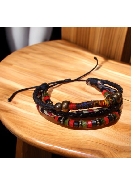 Ebruli Ip Sargılı Detaylı Ayarlanabilir Bileklik – Kırmızı Ahşap Boncuklar ile Doğal Tasarım fiyatları