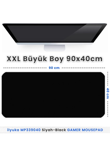 90X40 Logosuz Siyah-Black Xxl Büyük Boy Ilyuka MP339040 Gaming Mousepad Dikişli Kenar Kaymaz Taban 90X40CM