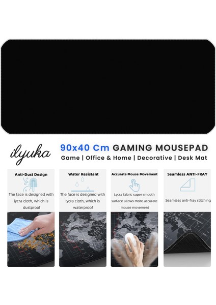 90X40 Logosuz Siyah-Black Xxl Büyük Boy Ilyuka MP339040 Gaming Mousepad Dikişli Kenar Kaymaz Taban 90X40CM