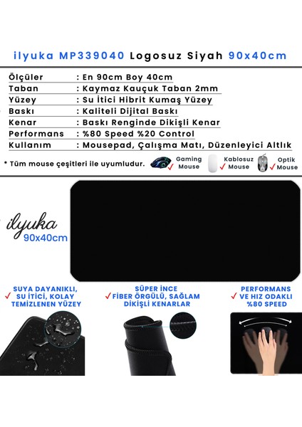 90X40 Logosuz Siyah-Black Xxl Büyük Boy Ilyuka MP339040 Gaming Mousepad Dikişli Kenar Kaymaz Taban 90X40CM