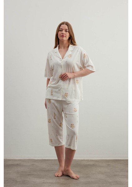 Kadın Plus Size Pamuklu Gömlek Yaka Kapri Pijama Takımı