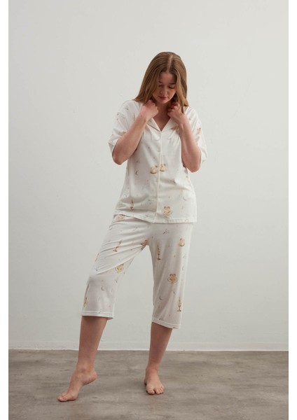 Kadın Plus Size Pamuklu Gömlek Yaka Kapri Pijama Takımı indirimleri