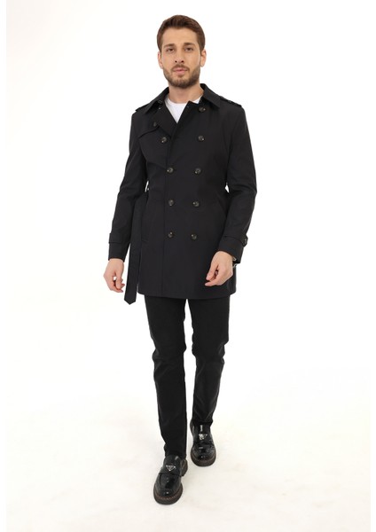 Siyah Tek Yırtmaç Dizüstü Kemerli Kruvaze Trençkot