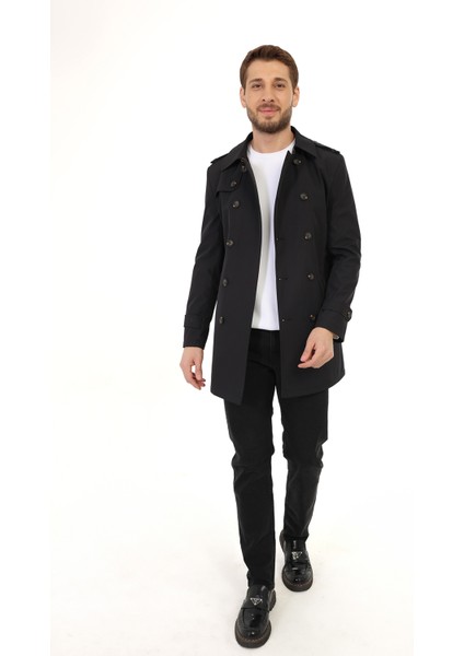 Siyah Tek Yırtmaç Dizüstü Kemerli Kruvaze Trençkot modelleri