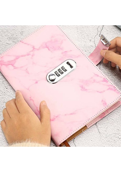 Pembe A5 Defter Kağıdı Vintage Deri Ebru Günlük Şifreli Kilit Kodu ile (Yurt Dışından)