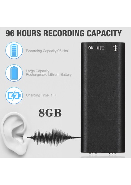 96 Saat Casus Dijital Ses Aktive Kaydedici Mini Ses Manyetik 8gb Mp3 Çalar Tr (Yurt Dışından)