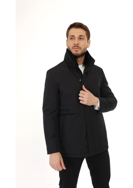 Regular Içi Kapitoneli Siyah ( Çıkarılabilir Kürklü Yaka ) Kaban