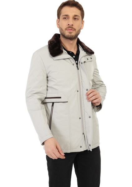 Regular Içi Kapitoneli Taş Rengi ( Çıkarılabilir Kürklü Yaka ) Kaban