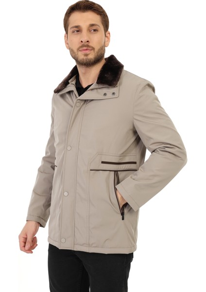 Regular Içi Kapitoneli Bej ( Çıkarılabilir Kürklü Yaka ) Kaban