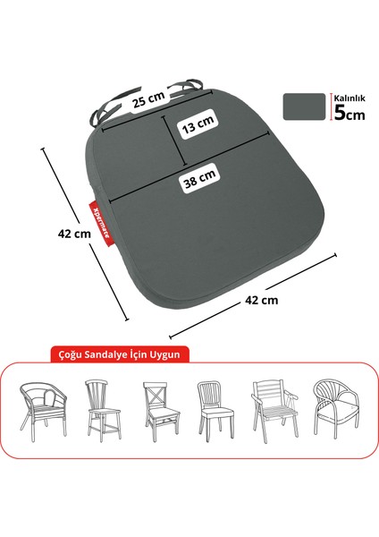 Standartfit Oval Sandalye Minderi Fermuarlı Yıkanabilir Kılıf Bağcıklı Su Ve Yağ Itici 42x42x5 Antrasit