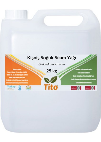 Kişniş Soğuk Sıkım Yağı Coriandrum Sativum 25 kg