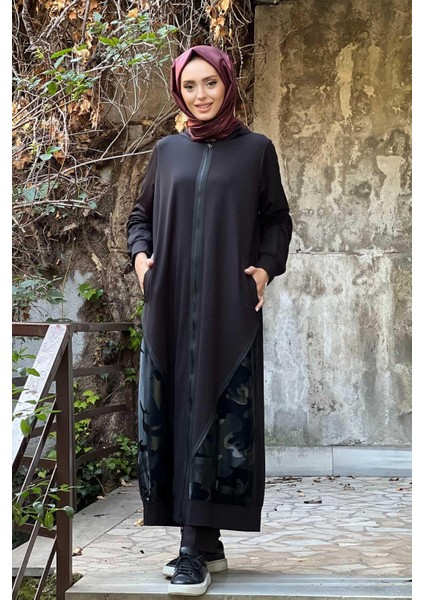 Nurcan Çetin Fermuar Detaylı Ferace 16920 Siyah