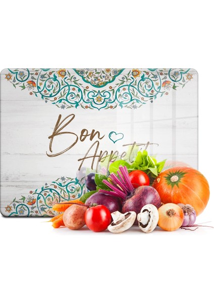 Cam Kesme Tahtası ve Sunum Tablası Bon Appetit Desenli