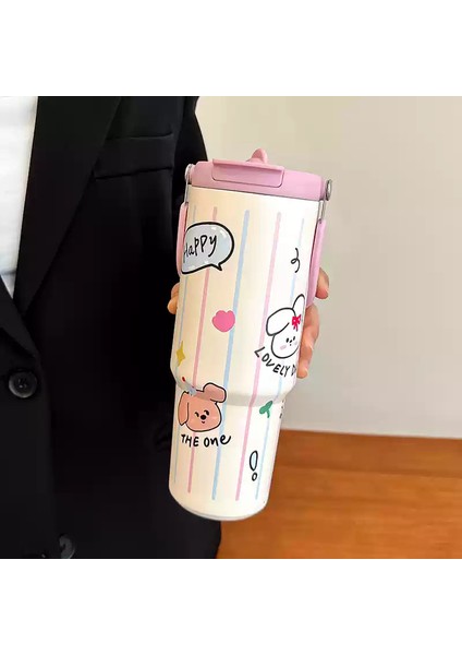 Yeni Karikatür Buz Bardağı Çift Içecek Yüksek Görünümlü Soğuk Su Bardağı Büyük Kapasiteli Taşınabilir Ofis Kahve Termos Bardak (Yurt Dışından)