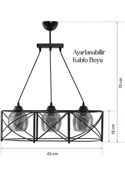 Üçlü Curva Sıralı Metal Avize Füme Rengi Camlı