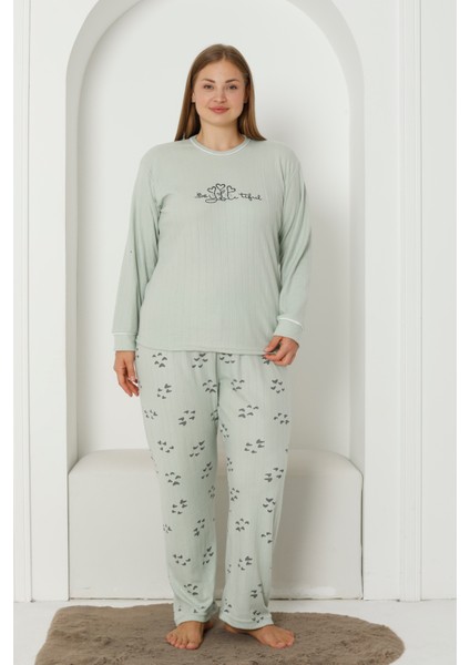 Fwn 3201 Interlok Ayıcık Nakışlı Kışlık Büyük Beden Kadın Pijama Takımı
