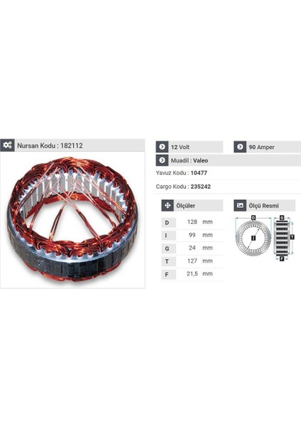 12V ALTERNATÖR STATÖR VALEO TİPİ 90 A (6 UÇLU)