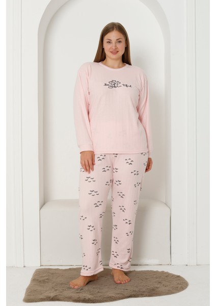 Fwn 3201 Interlok Ayıcık Nakışlı Kışlık Büyük Beden Kadın Pijama Takımı