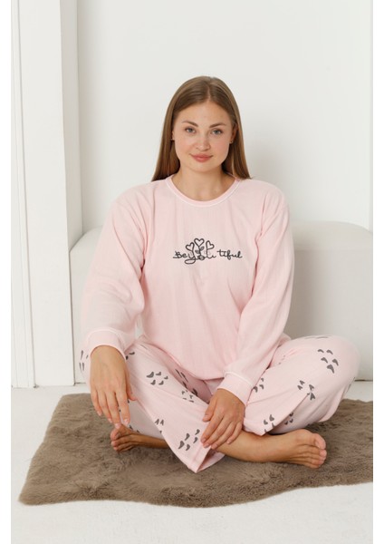 Fwn 3201 Interlok Ayıcık Nakışlı Kışlık Büyük Beden Kadın Pijama Takımı modelleri