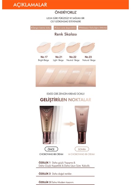 Yoğun Kapatıcılık Sağlayan Bitkisel İçerikli BB Krem M Choboyang BB Cream SPF/PA++ 50ml No.21