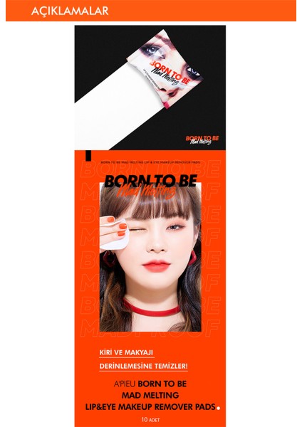 Dudak & Göz Makyajı Temizleme Pedi A'PIEU Born To Be Mad Melting Lip&Eye Makeup Remover Pads 10Adet