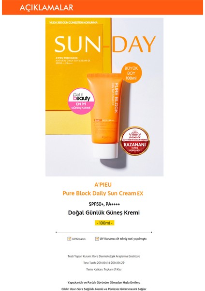 Doğal Görünümlü Güneş Kremi A'PIEU Pure Block Natural Daily Sun Cream EX SPF50+/PA+++