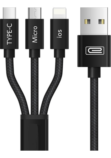 EC-IMC015 1.2m 3in1 USB To Type-C / Lightning / Micro Hızlı Şarj Kablosu - Siyah