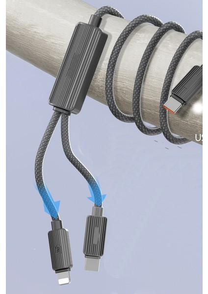 EC-IC01 1.2m Type-C To Type-C 60W ve Lightning 30W Çift Çıkışlı 2in1 Pd Hızlı Şarj Kablosu - Siyah