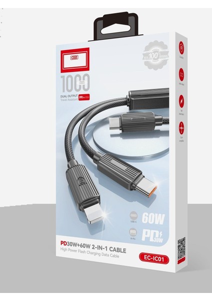 EC-IC01 1.2m Type-C To Type-C 60W ve Lightning 30W Çift Çıkışlı 2in1 Pd Hızlı Şarj Kablosu - Siyah