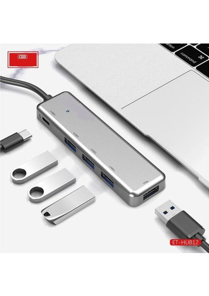 HUB12 Tak Çalıştır 40CM 4 Adet USB 2.0 ve 1 Adet Type-C Çıkışlı USB Çoklayıcı - Gri