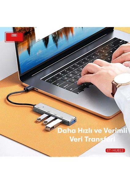 HUB12 Tak Çalıştır 40CM 4 Adet USB 2.0 ve 1 Adet Type-C Çıkışlı USB Çoklayıcı - Gri