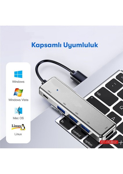 HUB12 Tak Çalıştır 40CM 4 Adet USB 2.0 ve 1 Adet Type-C Çıkışlı USB Çoklayıcı - Gri