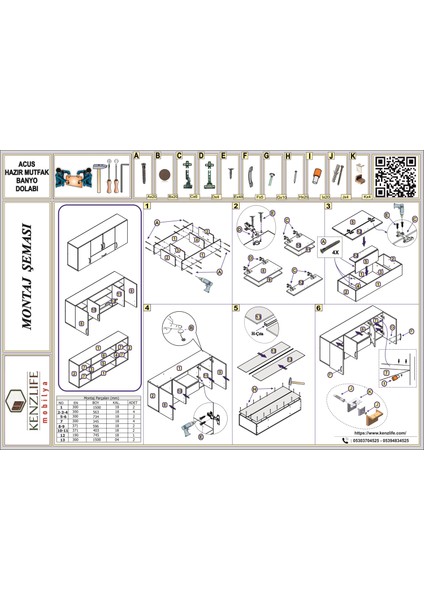 Kenzlife  Hazır Mutfak ACUS22 Crd 060*150*22 Mutfak Banyo Dolabı Kapaklı Raflı