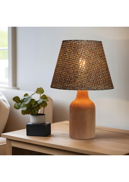 Kahve Ahşap Abajur Hasır Desenli Modern Şık Yatak Odası Salon Masa Lambası