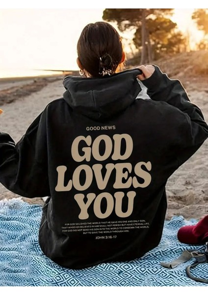 Afro Giyim Kadın God Loves You Sırt Baskılı Kapşonlu Oversize Sweatshirt