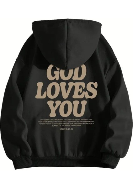 Afro Giyim Kadın God Loves You Sırt Baskılı Kapşonlu Oversize Sweatshirt