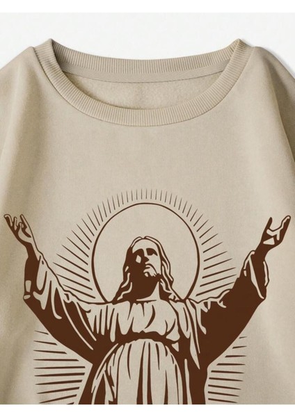 Afro Giyim  Jesus Baskılı Oversize Bisiklet Yaka Sweatshirt