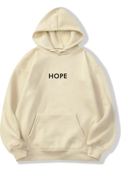 Afro Giyim Kadın Hope Baskılı Bej Oversize Kapüşonlu Sweatshirt