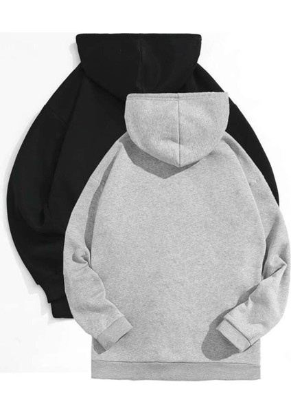 Afro Giyim  Siyah ve Gri 2'li Düz Oversize Kapşonlu Hoodie