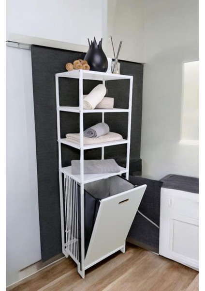 Metal Kirli Sepetli 4 Raflı Çok Amaçlı Banyo Düzenleyici Raf Organizer Beyaz/beyaz – MRS-015 C1-1-369