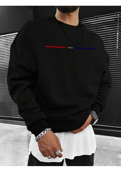 Afro Giyim  Şeritli Paris Baskılı Oversize Bisiklet Yaka Sweatshirt