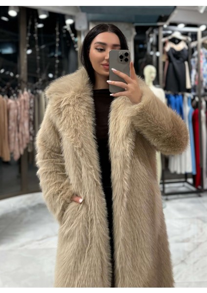 Loyra Kruvaze Yaka Uzun Kürk Kaban Bej fiyatları