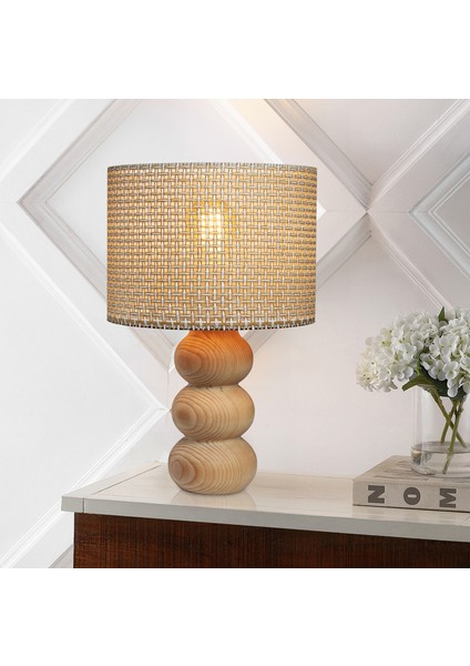 Krem Ahşap Abajur Hasır Desenli Modern Şık Yatak Odası Salon Masa Lambası