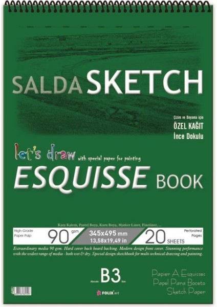 Sketchbook B3 Salda 34,5 x 49,5  Spiralli 90 Gr. 20 Yaprak Eskiz Defteri