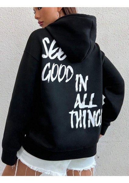 Afro Giyim  Ön Arka See Good All In Baskılı Oversize Hoodie