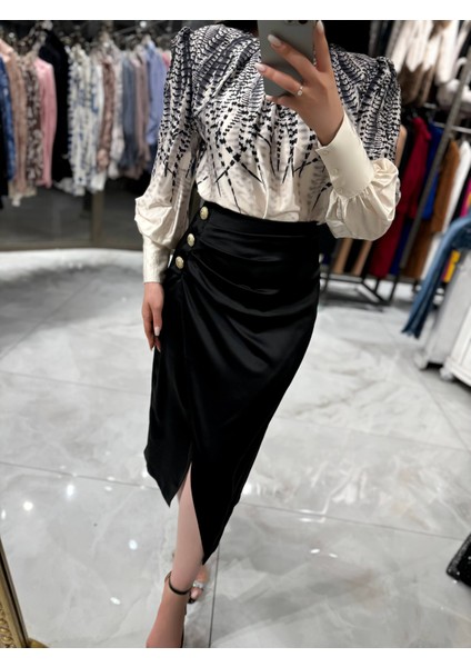 Herbert Saten Krep Düğme Detaylı Etek-Siyah