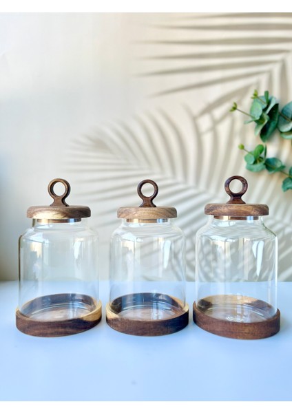 3'lü Kulplu Akasya Vakum Kapaklı ve Altlıklı Cam Kavanoz Seti modelleri