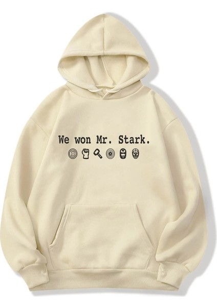 Afro Giyim Kadın Marvel Stark Baskılı Bej Oversize Kapüşonlu Sweatshirt